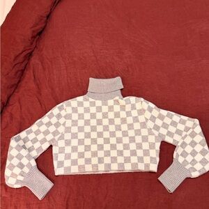 Checkered Gray and White Turtleneck Sweater